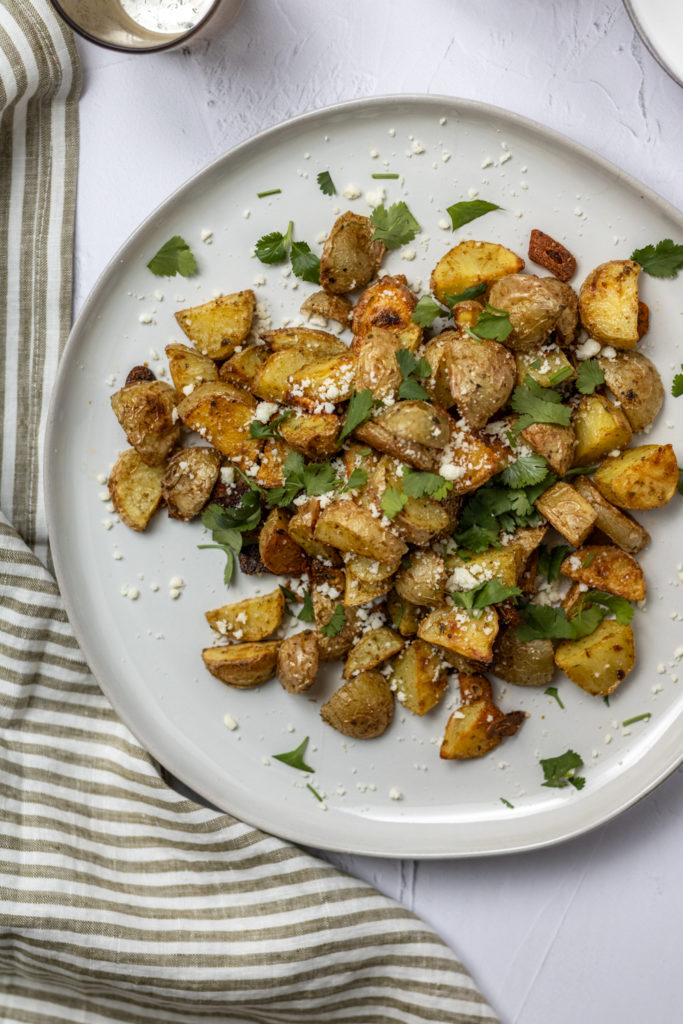 a view from the top of a plate of Mexican brunch potatoes