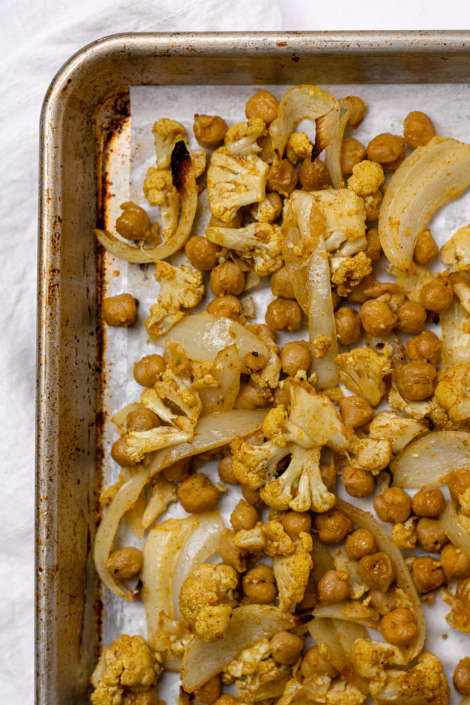 Sheet pan vegetable shawarma fresh out of the oven