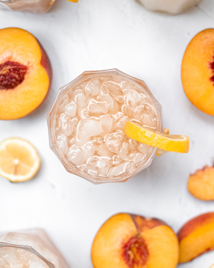 an air shot of peachy bourbon lemonade