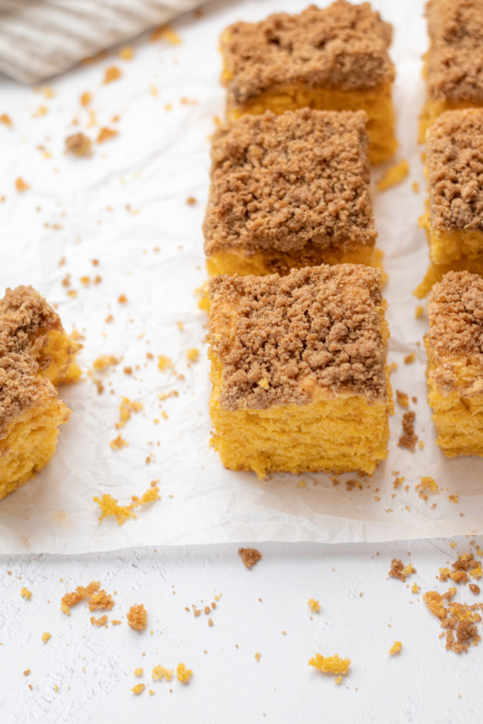 a side angle of pumpkin coffee cake squares